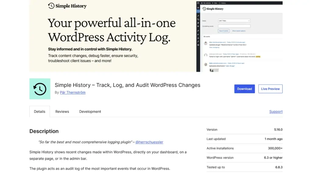 Simple History WordPress Plugin Repo Screenshot
